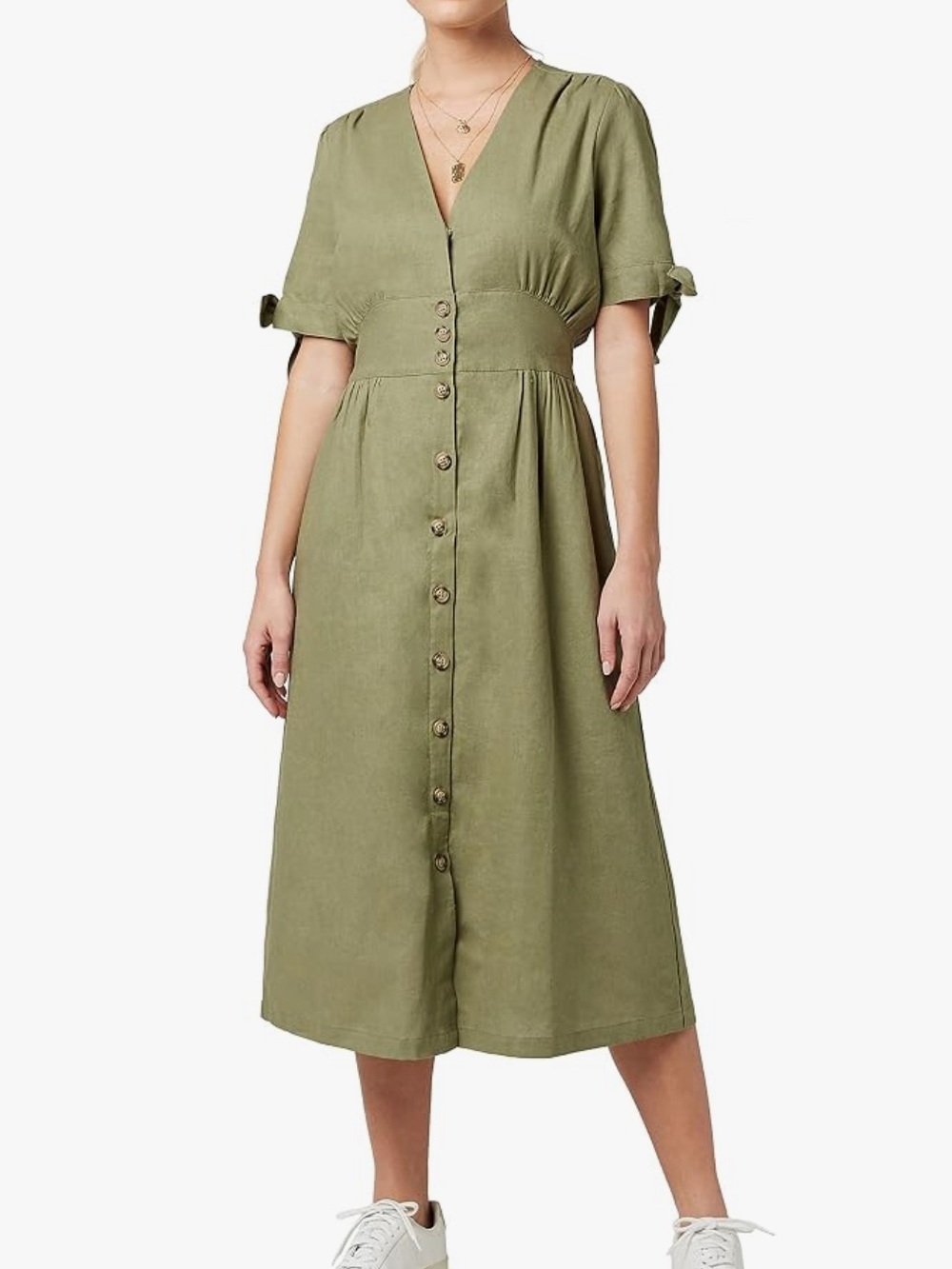 Buffalo David Bitton Olive Midi Button-Front V-Neck Dress Size Large